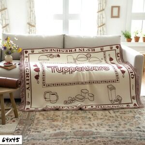 VTG Tupperware Promotional Throw Blanket Afghan Tasseled White Maroon Red 64x45